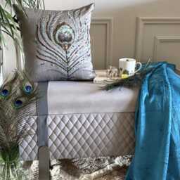 Sequin Embroidered Silver Art Silk Birds Pattern, 24x24/26x26 Deco Euro Sham - Peacock Feather - thumbnail 2