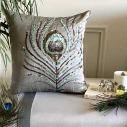 Sequin Embroidered Silver Art Silk Birds Pattern, 24x24/26x26 Deco Euro Sham - Peacock Feather - thumbnail 1