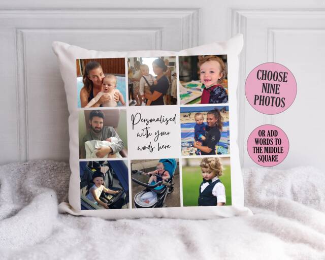 Personalised Photo Cushion, Collage Pillow, Picture Gifts For Her & Him, Add Your Own Text, Present Mum Nan Dad Grandad - image 1