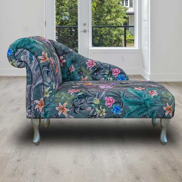 Grey Botanical Buttoned Chaise Longue - Velvet Mini Indoor Sofa Lounger Handmade in Britain - image 1