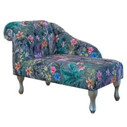 Grey Botanical Buttoned Chaise Longue - Velvet Mini Indoor Sofa Lounger Handmade in Britain - thumbnail 2