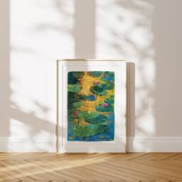 Sunset Lotus Pond Art Print Vibrant Gouache Painting - thumbnail 2
