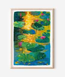 Sunset Lotus Pond Art Print Vibrant Gouache Painting - thumbnail 1