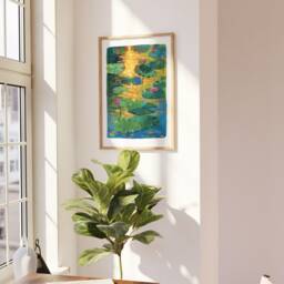 Sunset Lotus Pond Art Print Vibrant Gouache Painting - thumbnail 3
