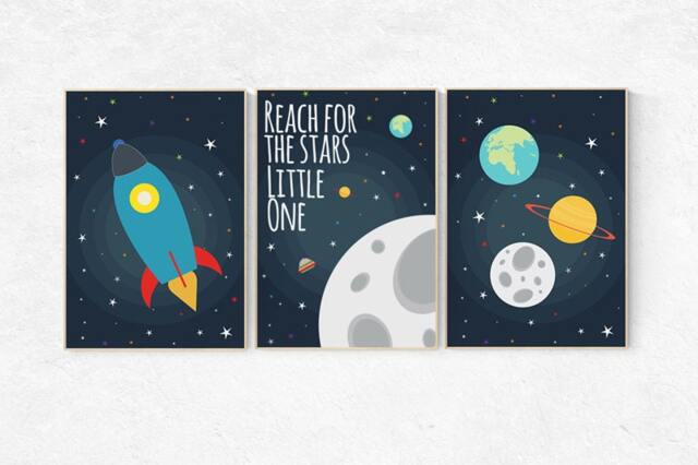 Space Nursery Decor Rocket, Moon, Planets Art Print - image 1