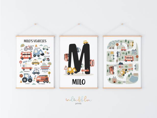 Set Of 3 Personalised Transport Posters, Vehicles Print, Cars Chart Boy Bedroom Decor, Playroom Prints, Scandi Kids Art - image 1