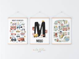 Set Of 3 Personalised Transport Posters, Vehicles Print, Cars Chart Boy Bedroom Decor, Playroom Prints, Scandi Kids Art - thumbnail 1