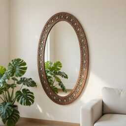 Tall Oval Wooden Mirror Vertical - Intricate Geometric Moroccan Lattice Frame, Islamic Boho Wall Handcrafted