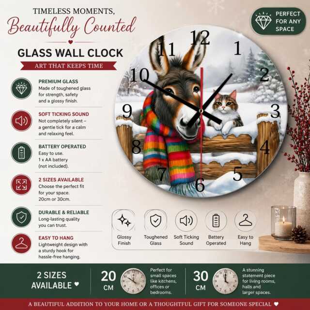 Whimsical Donkey & Cat Glass Wall Clock For Home Or Gift - image 1