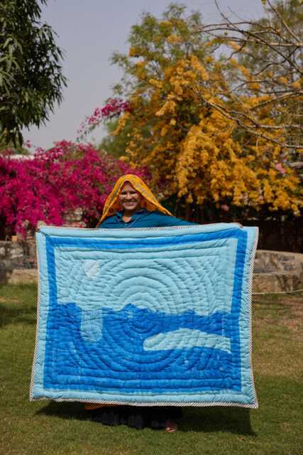 Personalized Baby Blanket, Hand-Block Printed Kantha, Reversible Ocean Blue & Emerald, Custom Name Quilt - image 1