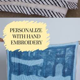 Personalized Baby Blanket, Hand-Block Printed Kantha, Reversible Ocean Blue & Emerald, Custom Name Quilt - thumbnail 3