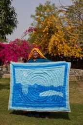 Personalized Baby Blanket, Hand-Block Printed Kantha, Reversible Ocean Blue & Emerald, Custom Name Quilt - thumbnail 1