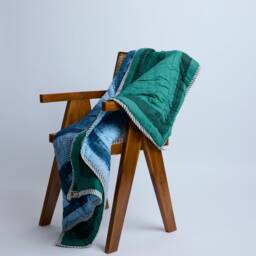 Personalized Baby Blanket, Hand-Block Printed Kantha, Reversible Ocean Blue & Emerald, Custom Name Quilt - thumbnail 2