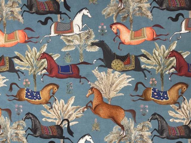 Blinds/Made To Measure Arabian Horses Fabric Blue With Palm Trees Stallion Printed - image 1