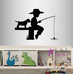 In-Style Decals Wall Vinyl Decal Home Decor Art Sticker Cute Little Boy Fishing Fish With Dog Puppy Kids Nursery Removable Mural Design 2301 - thumbnail 1