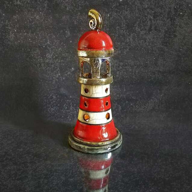 Raku Lighthouse Lantern - Sculptural Ceramic Candle Holder, Red & White Crackle, Handmade in Italy - image 1