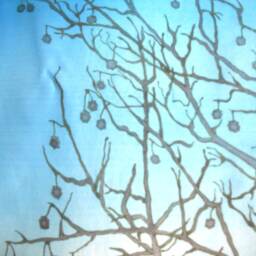 A Hand Painted Silk Wall Hanging Feauring A Black Winter Tree Silhouette On Shaded Blue Background Ooak Home Decor Original Design - thumbnail 2
