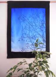 A Hand Painted Silk Wall Hanging Feauring A Black Winter Tree Silhouette On Shaded Blue Background Ooak Home Decor Original Design - thumbnail 1