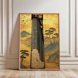 Gold Green Guzheng Poster - Vintage Asian Musical Instrument Art Traditional Landscape Illustration - thumbnail 1