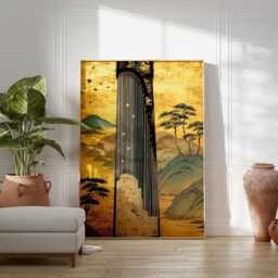 Gold Green Guzheng Poster - Vintage Asian Musical Instrument Art Traditional Landscape Illustration - thumbnail 3