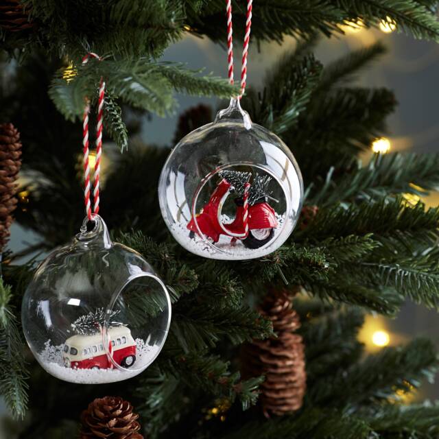 Red White Camper Van Or Scooter With Christmas Tree Open Clear Glass Bauble - Winter Wonderland Festive Fun Transport Retro Gift - image 1