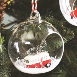 Red White Camper Van Or Scooter With Christmas Tree Open Clear Glass Bauble - Winter Wonderland Festive Fun Transport Retro Gift - thumbnail 2