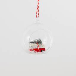Red White Camper Van Or Scooter With Christmas Tree Open Clear Glass Bauble - Winter Wonderland Festive Fun Transport Retro Gift - thumbnail 3