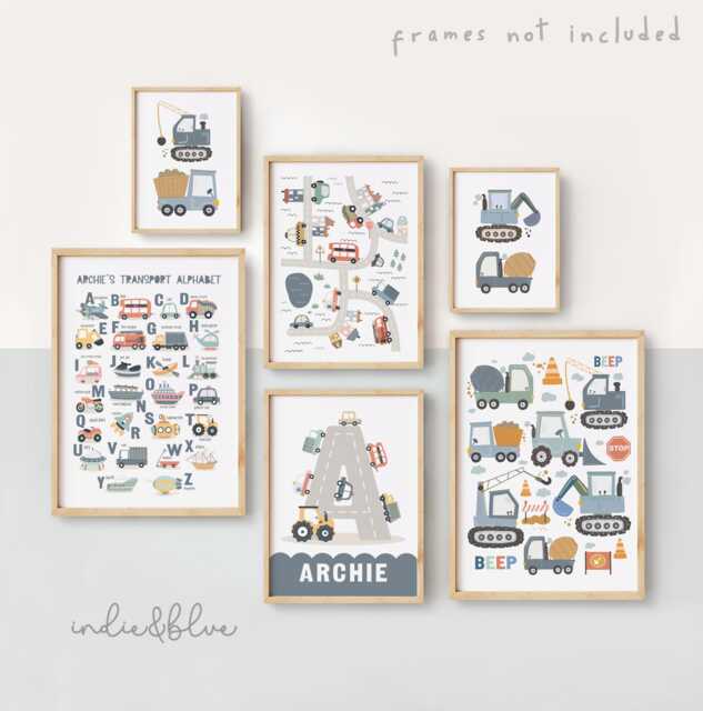 Set Of 6 Transport Prints, Personalised Vehicle Gallery Wall, Car Construction Poster Bundle - image 1