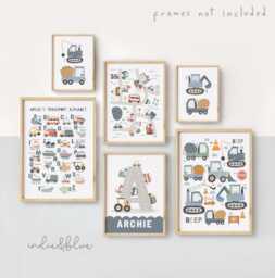 Set Of 6 Transport Prints, Personalised Vehicle Gallery Wall, Car Construction Poster Bundle - thumbnail 1