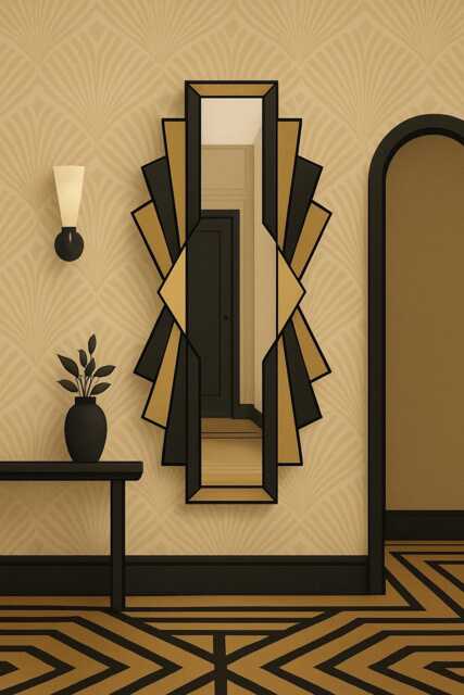 Handmade Art Deco Mirror, Black & Bronze Fan Design - image 1
