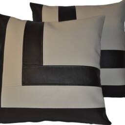 2 Brown & Cream Faux Leather Cushion Covers Block Style 18 - thumbnail 4