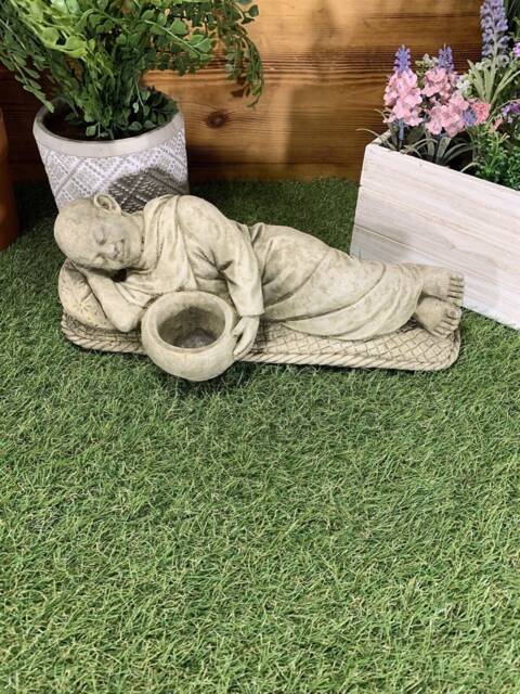 Stone Garden Laying Resting Buddha Monk Tea-Light Gift Oriental Ornament Statue - image 1