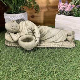 Stone Garden Laying Resting Buddha Monk Tea-Light Gift Oriental Ornament Statue - thumbnail 4
