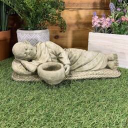 Stone Garden Laying Resting Buddha Monk Tea-Light Gift Oriental Ornament Statue - thumbnail 2