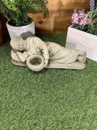 Stone Garden Laying Resting Buddha Monk Tea-Light Gift Oriental Ornament Statue - thumbnail 1