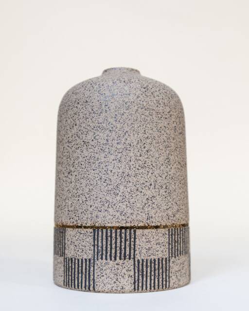 Speckled Stoneware Tapered Vase With Hand Painted Striped Checkered Pattern & Gold Luster Pin Stripe - image 1