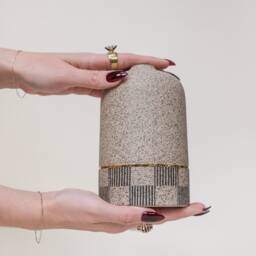 Speckled Stoneware Tapered Vase With Hand Painted Striped Checkered Pattern & Gold Luster Pin Stripe - thumbnail 2