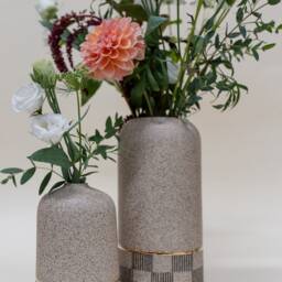Speckled Stoneware Tapered Vase With Hand Painted Striped Checkered Pattern & Gold Luster Pin Stripe - thumbnail 3