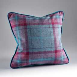 Blue & Pink Check Shetland Wool Cushion- Feather Filled Tartan Pillow - Made in England