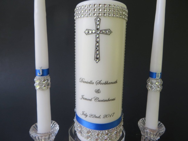 Personalized Unity Candle Set Rhinestone Cross, Blue Ribbon, Love Verse - image 1