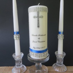 Personalized Unity Candle Set Rhinestone Cross, Blue Ribbon, Love Verse - thumbnail 3