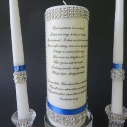 Personalized Unity Candle Set Rhinestone Cross, Blue Ribbon, Love Verse - thumbnail 2