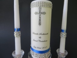 Personalized Unity Candle Set Rhinestone Cross, Blue Ribbon, Love Verse - thumbnail 1