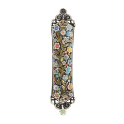 Handmade Floral Mezuzah Sterling Silver, Colorful Stones, Enamel - thumbnail 2