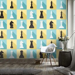 3D Chess Wallpaper, Black & White Cartoon Wall Mural, Peel & Stick - thumbnail 3