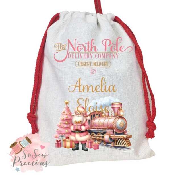 Personalised Printed Christmas Santa Sack Express Train, Personalized Stockings, Pink