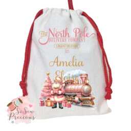 Personalised Printed Christmas Santa Sack Express Train, Personalized Stockings, Pink