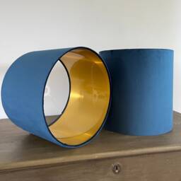 Navy Blue Velvet Drum Lampshade/ Ceiling Shade With A Metallic Gold Lining, Bright Brushed Lining - thumbnail 2