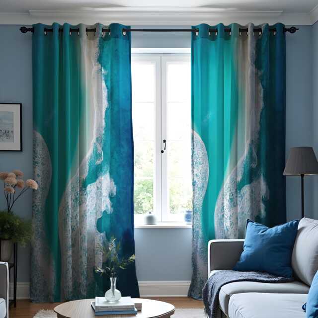Ocean Wave Abstract Curtain, Beautiful Teal & Blue Water Design, Coastal Inspired Window Treatment, Custom Size Available, Made To Order - image 1