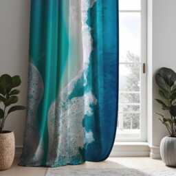 Ocean Wave Abstract Curtain, Beautiful Teal & Blue Water Design, Coastal Inspired Window Treatment, Custom Size Available, Made To Order - thumbnail 3